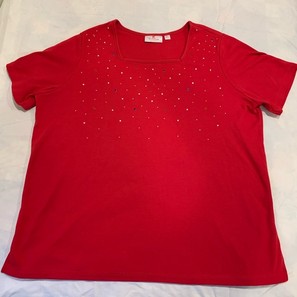 Quacker Factory Tops - Quacker Factory Red Short Sleeve Top with Embellishments